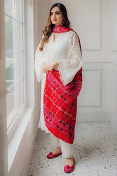 MARIA B - 3PC LAWN CHIKANKAARI EMBROIDERED SHIRT WITH CHUNRI PRINTED DUPATTA AND TROUSER - HZG1568
