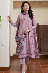 JAZMIN - 3PC SLUB DHANAK EMBROIDERED SHIRT WITH TWILL PRINTED SHAWL AND TROUSER - HZG1273