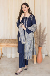 AISLING - 3PC DHANAK EMBROIDERED SHIRT WITH SLUB WOOL PRINTED SHAWL AND TROUSER - HZG1387