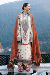 HUSSAIN REHAR - 3PC DHANAK EMBROIDERED SHIRT WITH TWILL PRINTED SHAWL AND TROUSER - HZU2540