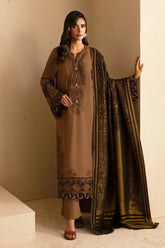 ETHNC - 3PC DHANAK EMBROIDERED SHIRT WITH TWILL PRINTED SHAWL AND TROUSER - HZG1927