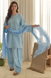 AISLING - 3PC DHANAK EMBROIDERED SHIRT WITH TWILL PRINTED SHAWL AND TROUSER - HZU2533
