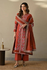 ZAIB - 3PC DHANAK EMBROIDERED SHIRT WITH DHANAK EMBROIDERED SHAWL AND TROUSER - HZU2595
