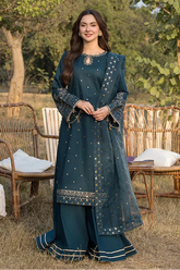 ALLYS - 3PC LAWN SEQUIN EMBROIDERED SHIRT WITH ORGANZA EMBROIDERED DUPATTA AND TROUSER - HZG2843