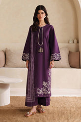 GARNET - 3PC DHANAK EMBROIDERED SHIRT WITH TWILL PRINTED SHAWL AND TROUSER - HZU2479