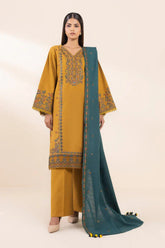 SAPPHIRE - 3PC DHANAK EMBROIDERED SHIRT WITH DHANAK EMBROIDERED SHAWL AND TROUSER - HZU2570