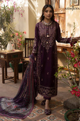 ASIM JOFA - 3PC DHANAK EMBROIDERED SHIRT WITH TWILL PRINTED SHAWL AND TROUSER - HZU2537