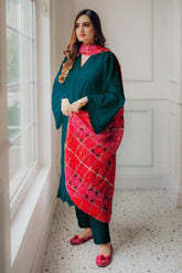 MARIA B - 3PC LAWN CHIKANKAARI EMBROIDERED SHIRT WITH CHUNRI PRINTED DUPATTA AND TROUSER - HZG2194