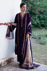 GARNET - 3PC DHANAK EMBROIDERED SHIRT WITH TWILL PRINTED SHAWL AND TROUSER - HZU2486