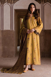 IZEL - 3PC DHANAK EMBROIDERED SHIRT WITH TWILL PRINTED SHAWL AND TROUSER - HZU2580