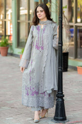 LIBAAS - 3PC DHANAK EMBROIDERED SHIRT WITH DHANAK EMBROIDERED SHAWL AND TROUSER - HZU2493