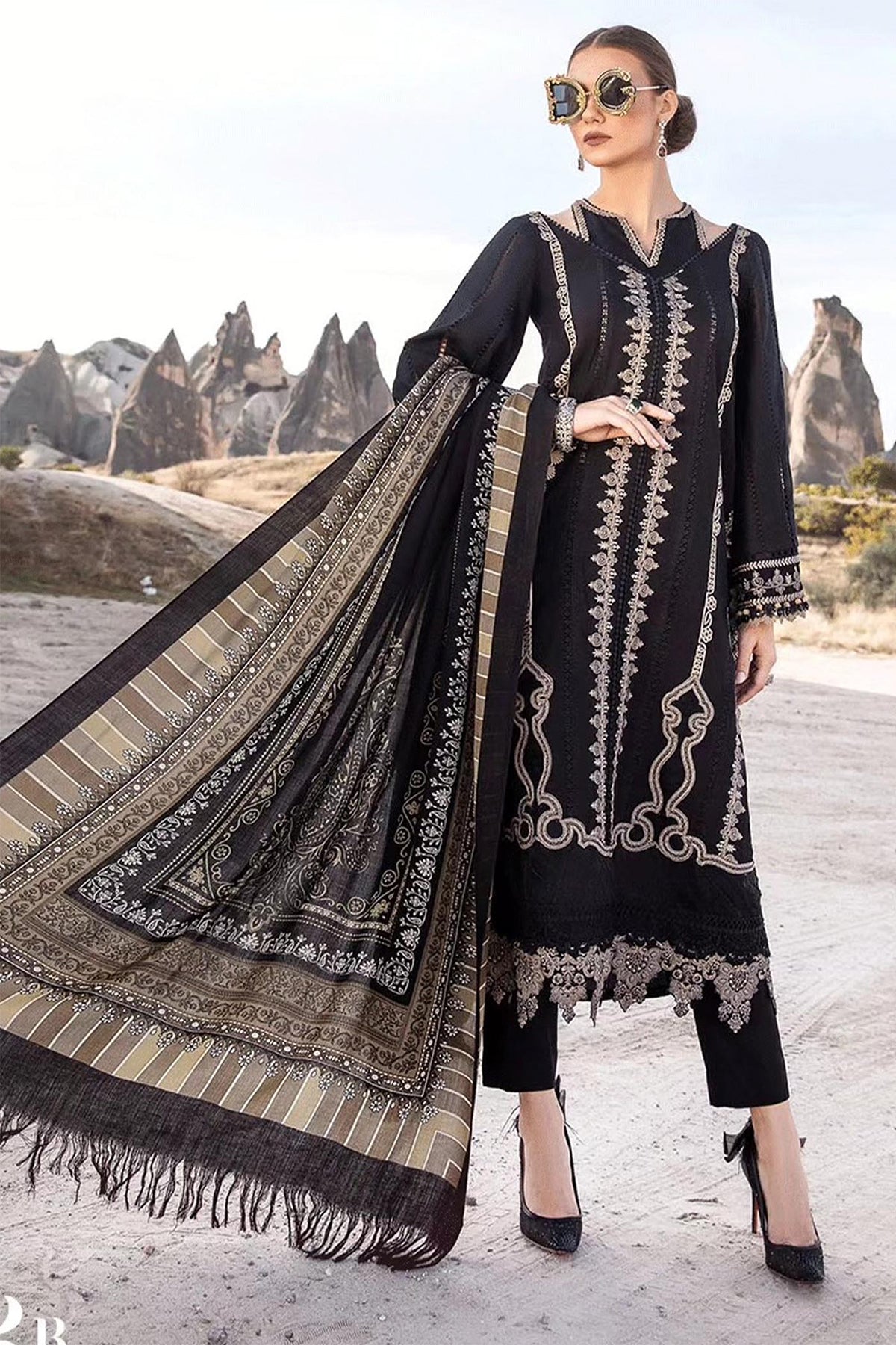 MARIA B - 3PC DHANAK EMBROIDERED SHIRT WITH COTRAI WOOL PRINTED SHAWL AND TROUSER - HZG1480