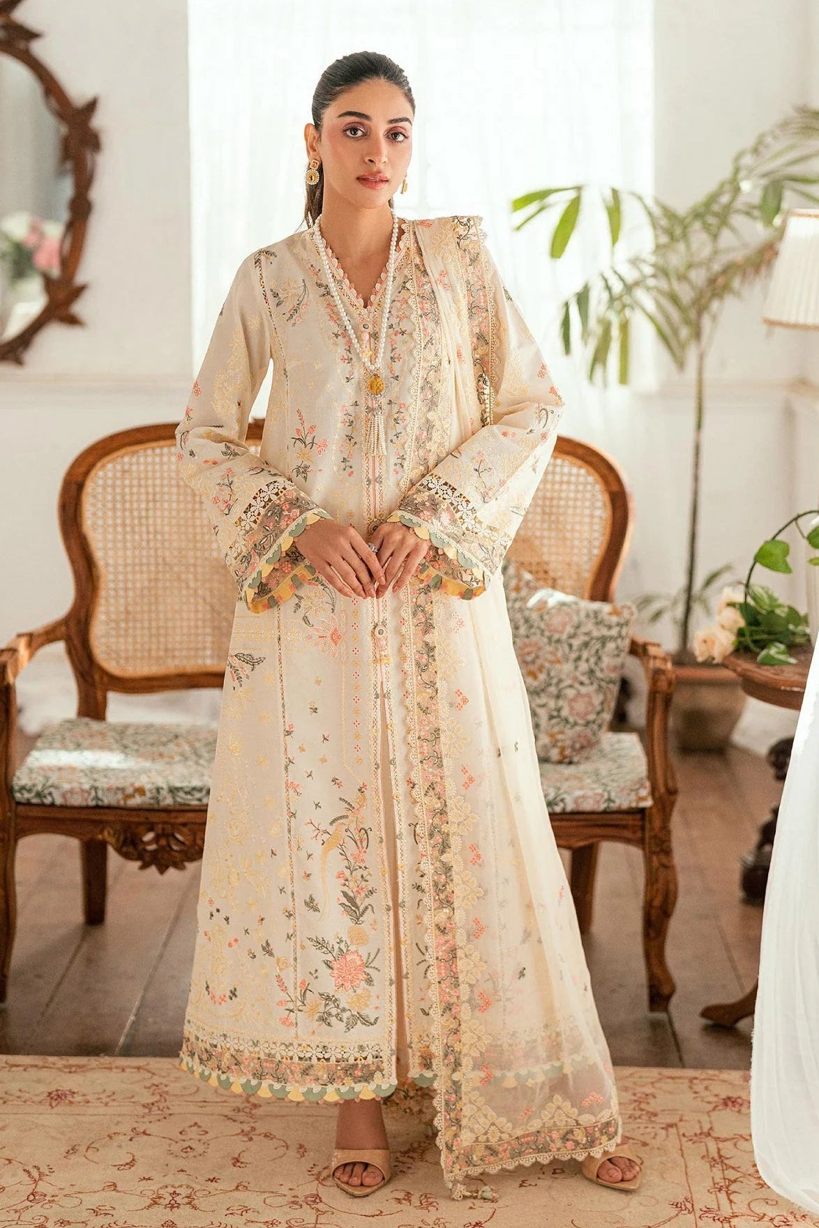 QALAMKAR - 3PC LAWN EMBROIDERED SHIRT WITH KHADI NET EMBROIDERED DUPATTA AND TROUSER - HZG2635