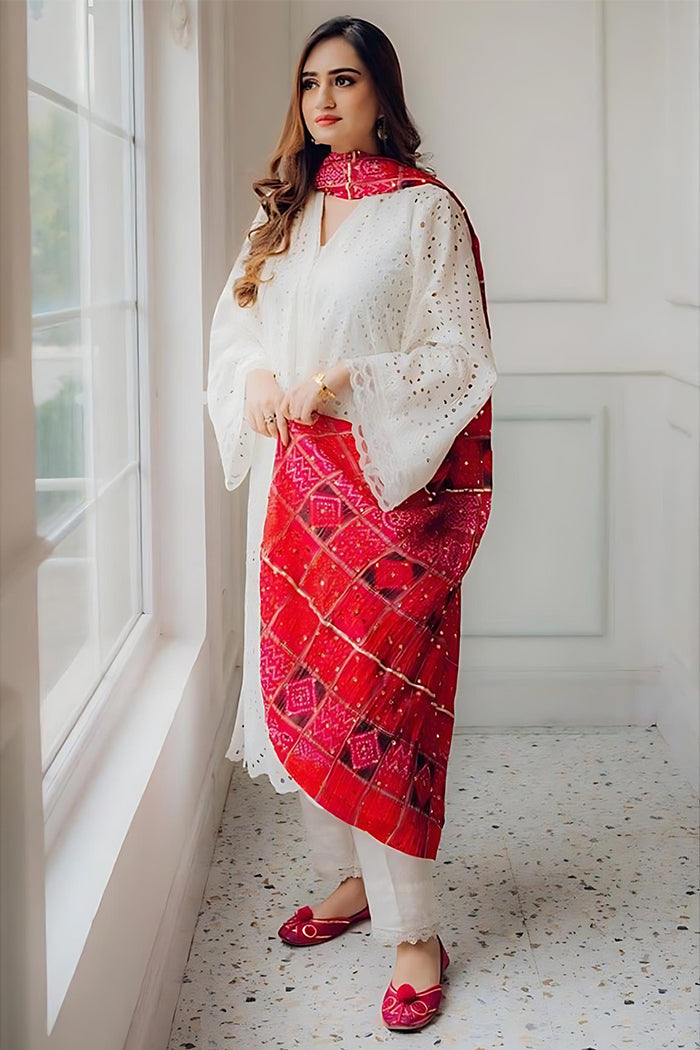 MARIA B - 3PC LAWN CHIKANKAARI EMBROIDERED SHIRT WITH CHUNRI PRINTED DUPATTA AND TROUSER - HZG1568