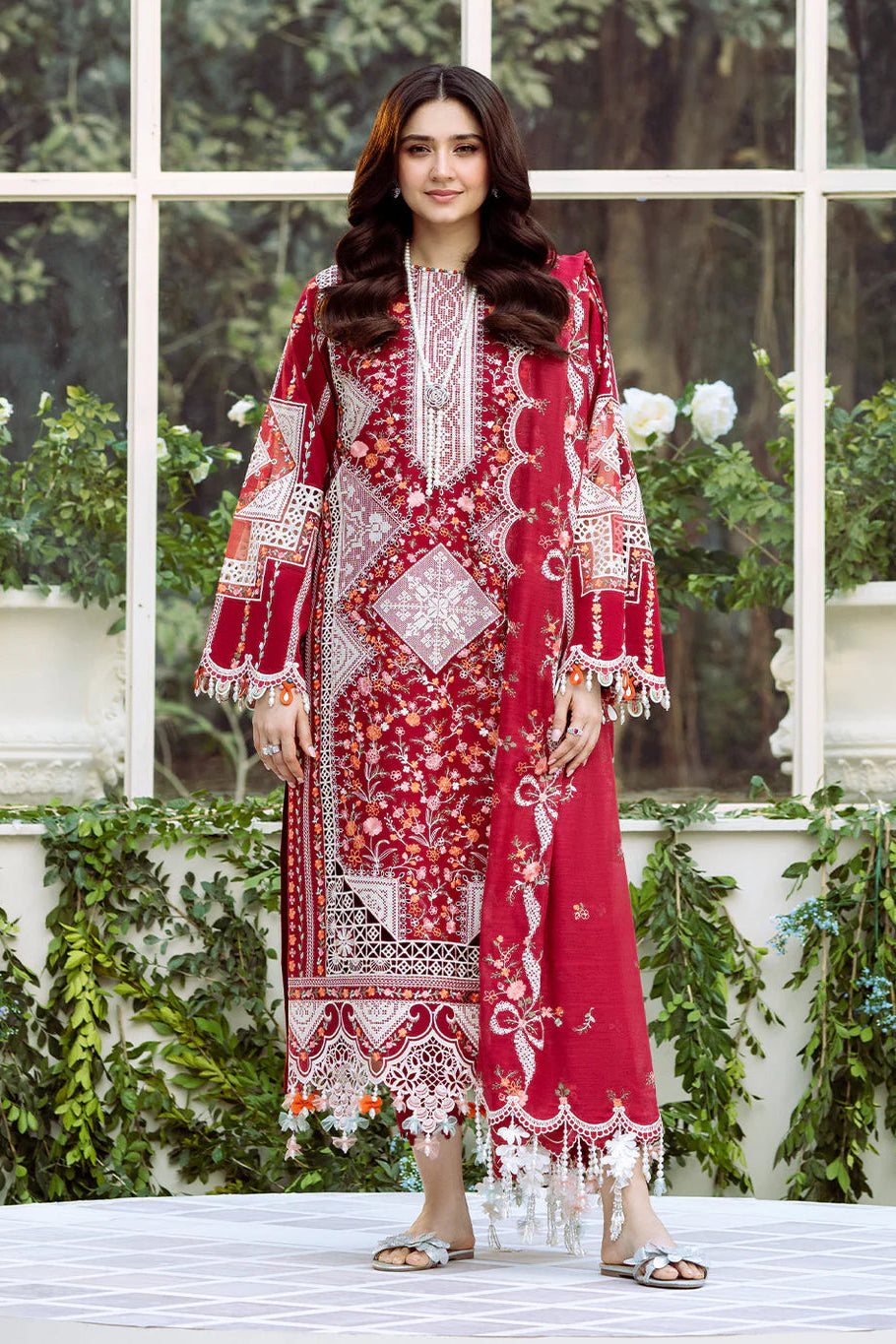 BIN ILYAS - 3PC LAWN EMBROIDERED SHIRT WITH KHADI NET EMBROIDERED DUPATTA AND TROUSER - HZG2685