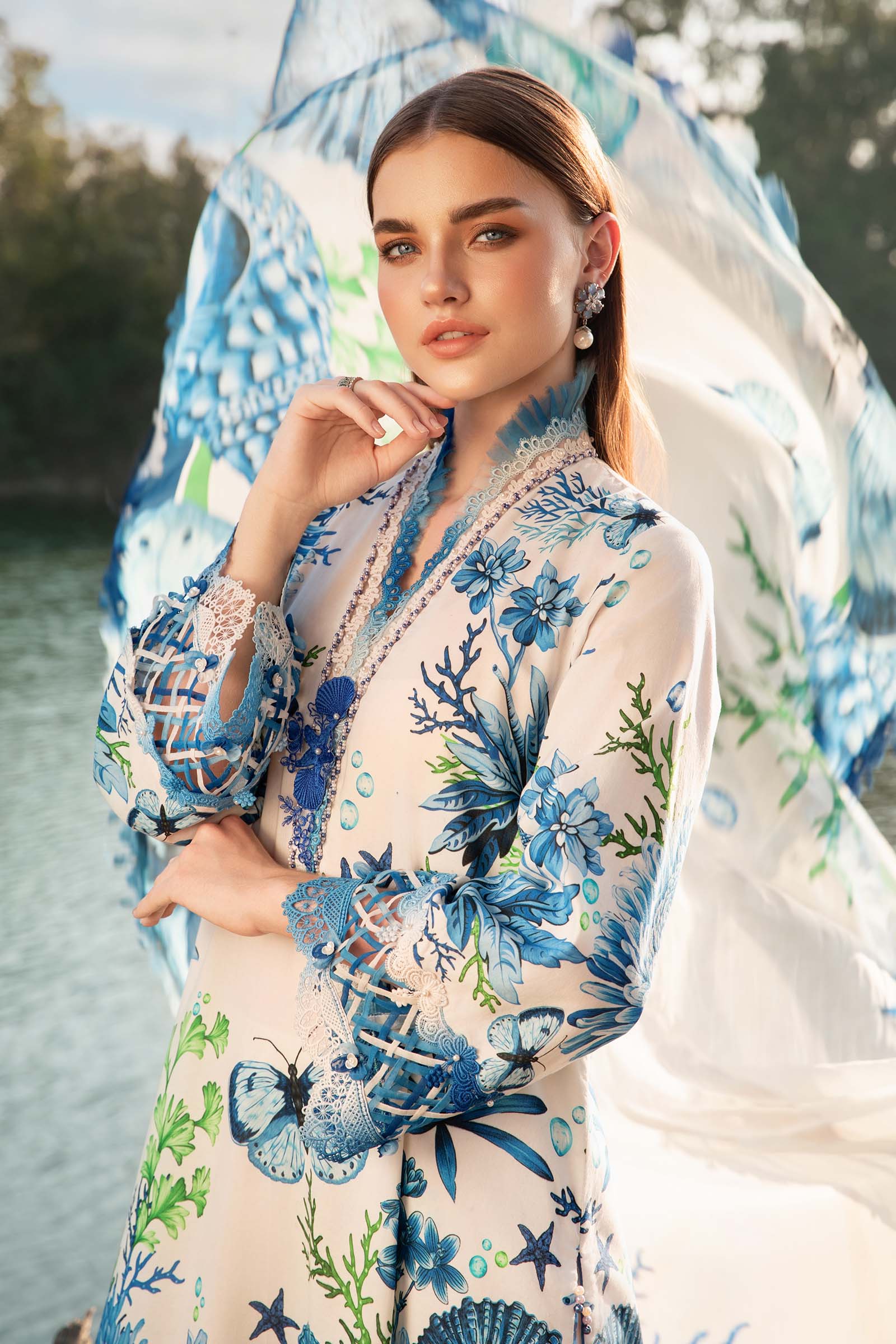MARIA B - 3PC LAWN EMBROIDERED PRINTED SHIRT WITH MANAAR PRINTED DUPATTA AND TROUSER - HZG2256