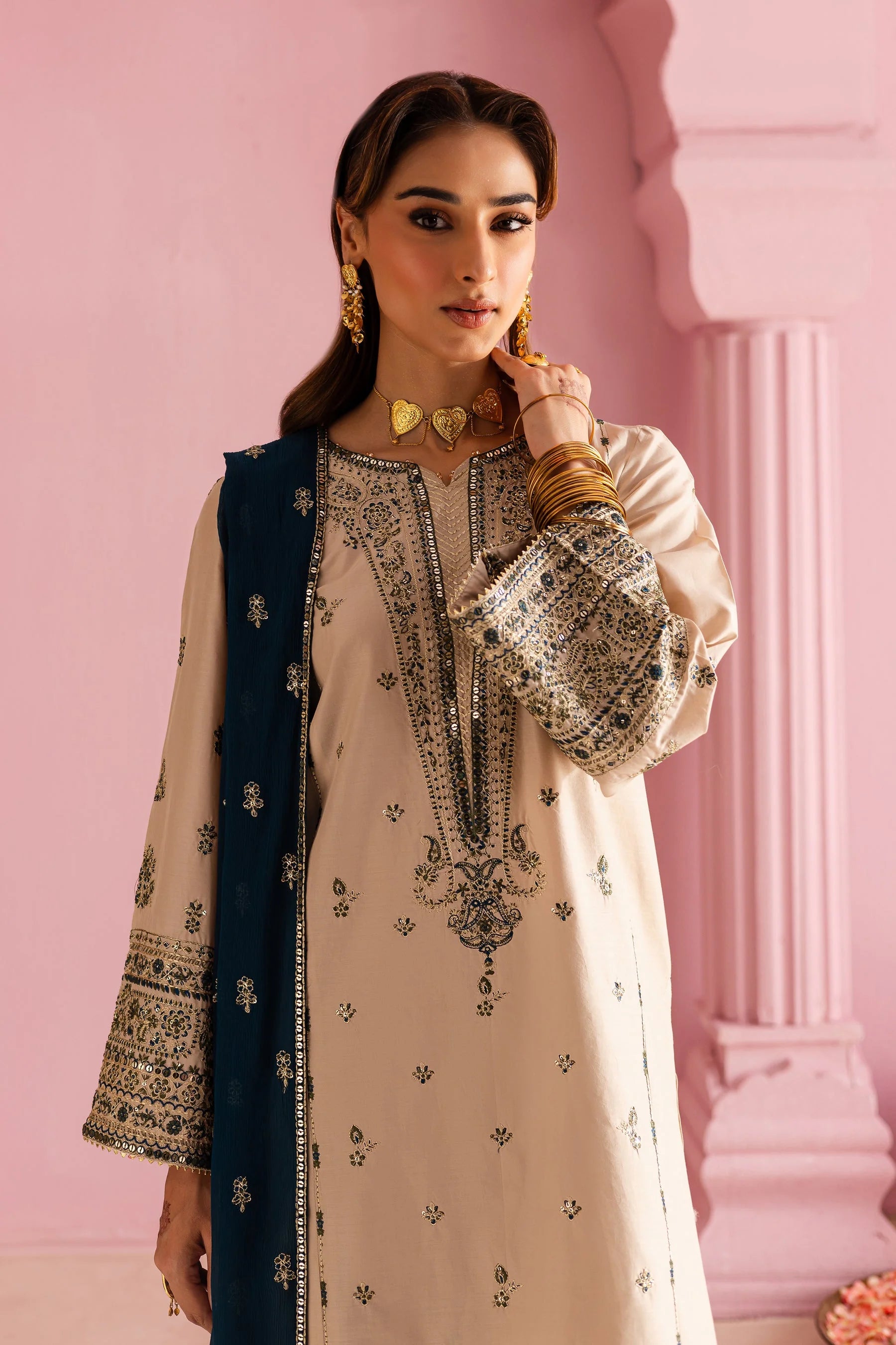 BATIK - 3PC DHANAK EMBROIDERED SHIRT WITH DHANAK EMBROIDERED SHAWL AND TROUSER - HZG2420