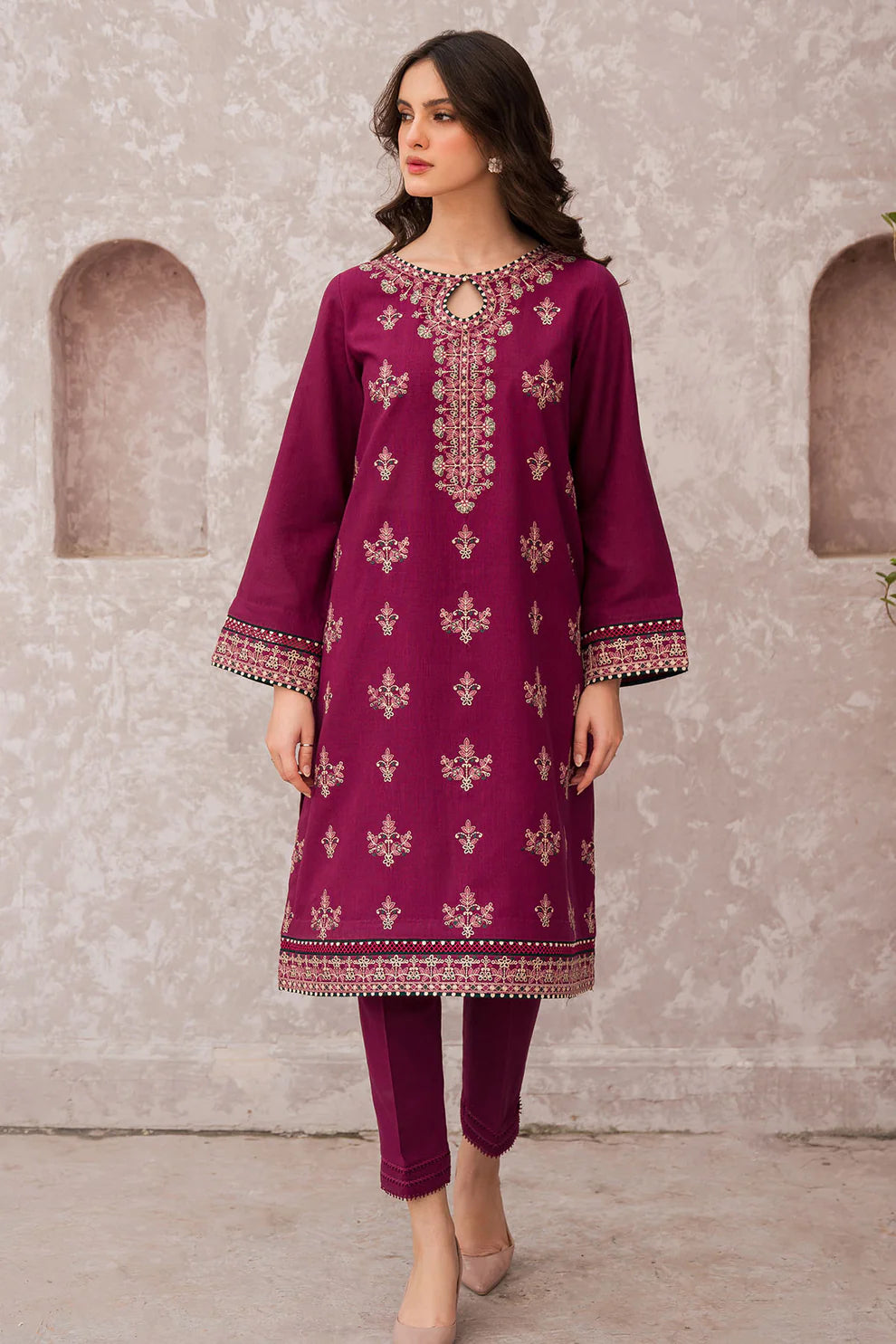 JAZMIN - 3PC DHANAK EMBROIDERED SHIRT WITH TWILL PRINTED SHAWL AND TROUSER - HZG2406