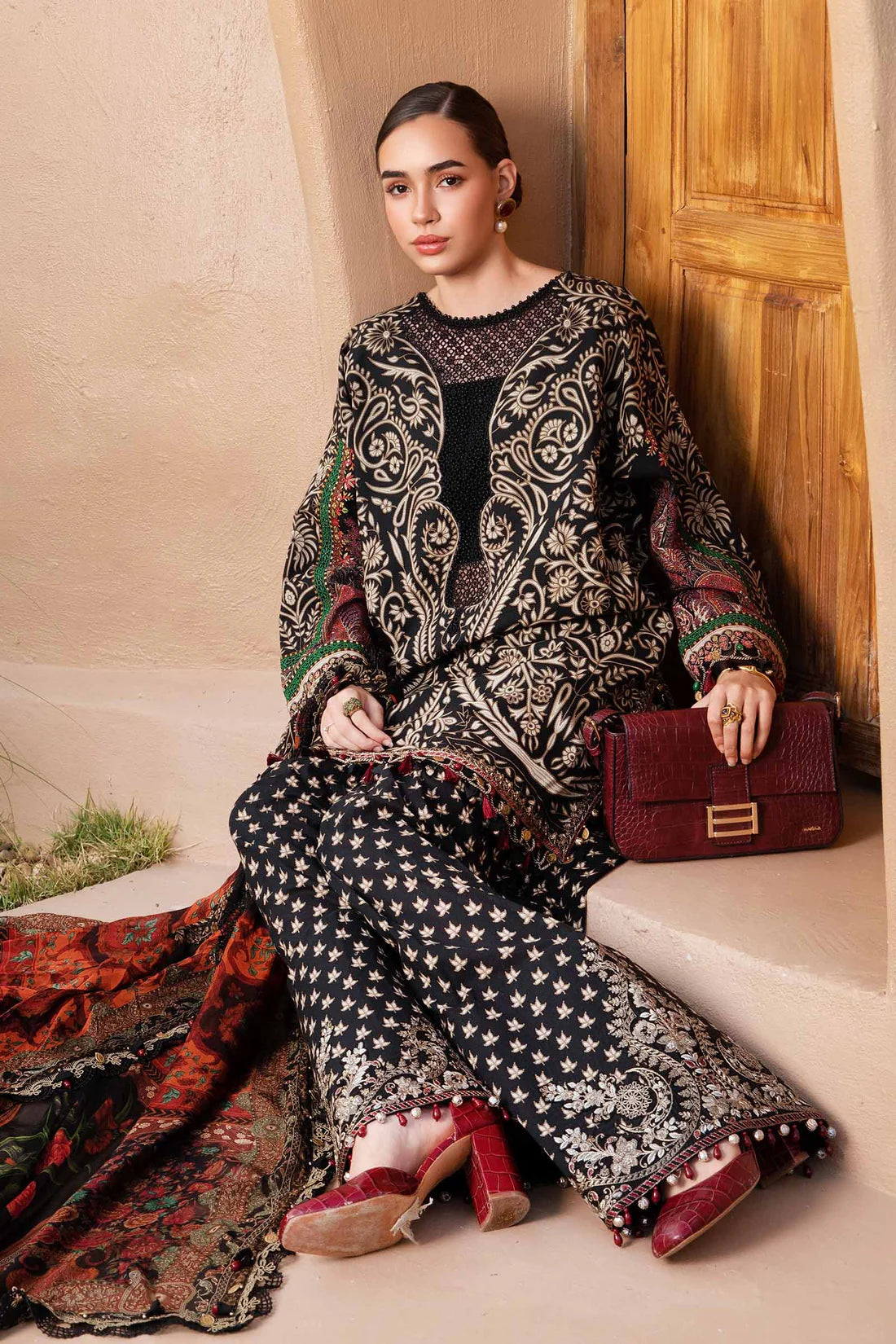 MARIA B - 3PC LAWN EMBROIDERED PRINTED SHIRT WITH CHIFFON PRINTED DUPATTA AND TROUSER - HZG2203