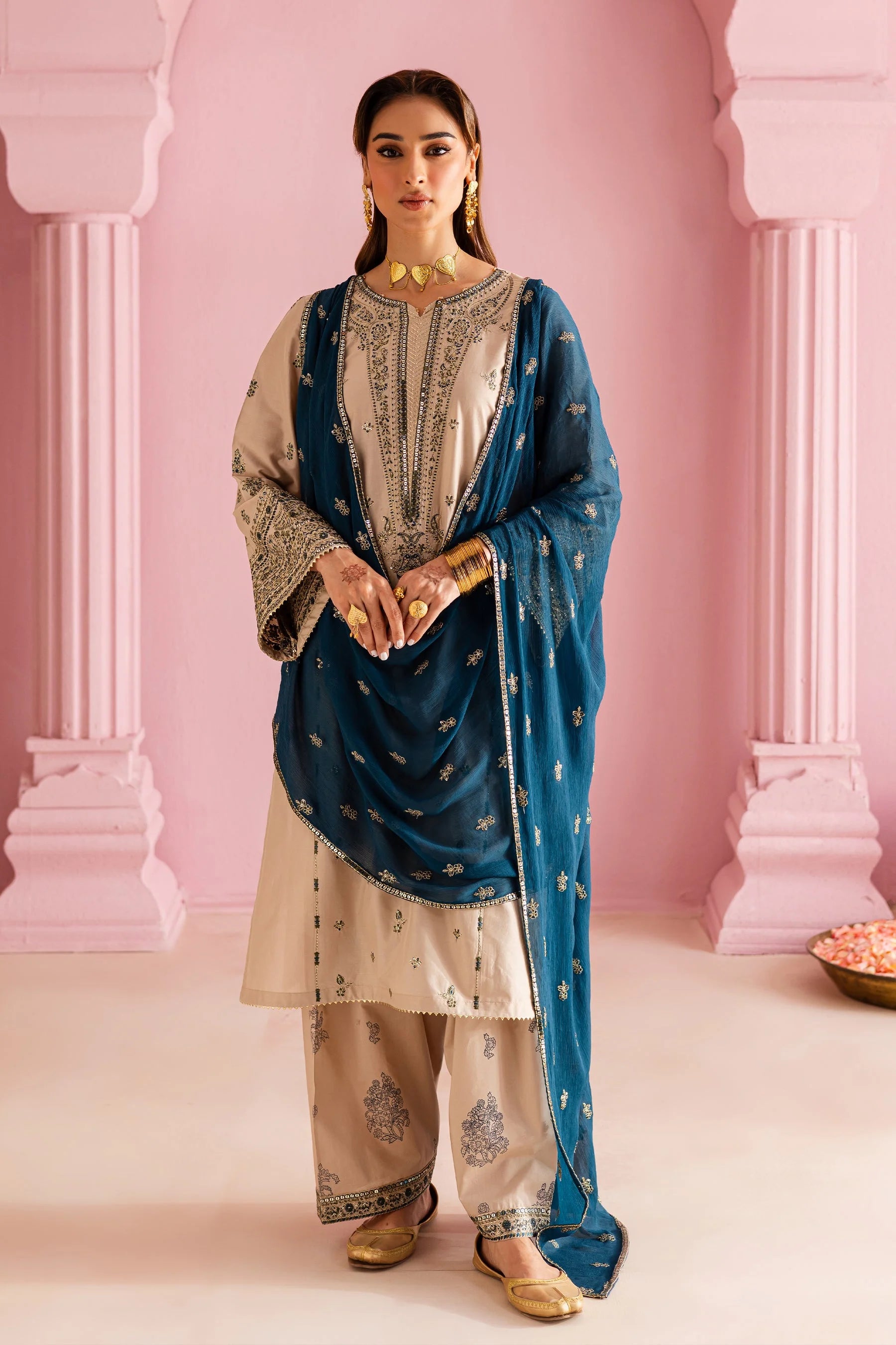 BATIK - 3PC DHANAK EMBROIDERED SHIRT WITH DHANAK EMBROIDERED SHAWL AND TROUSER - HZG2420