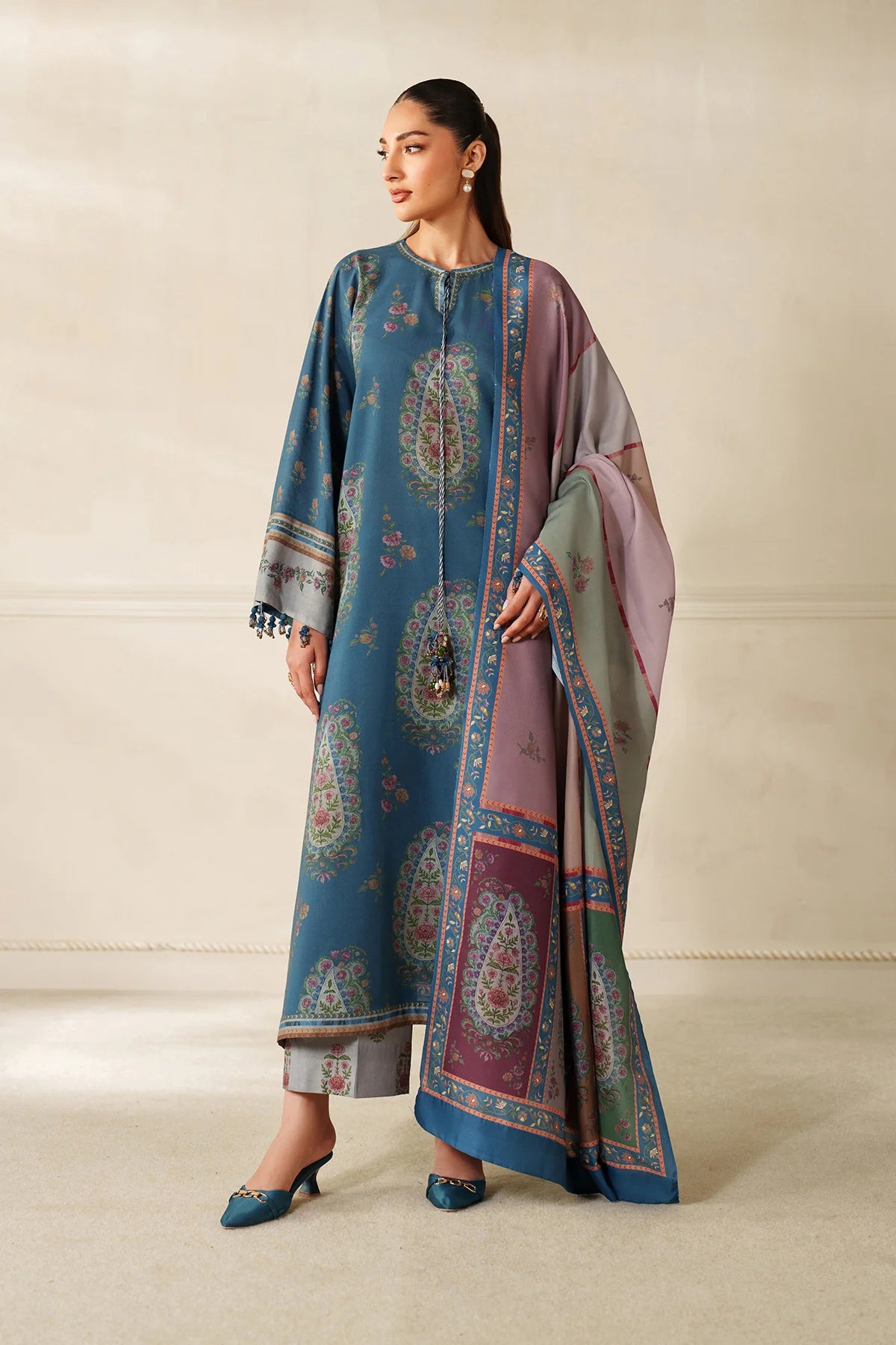 BAROQUE - 3PC KARANDI PRINTED SHIRT WITH KARANDI PRINTED SHAWL AND TROUSER - HZG3150