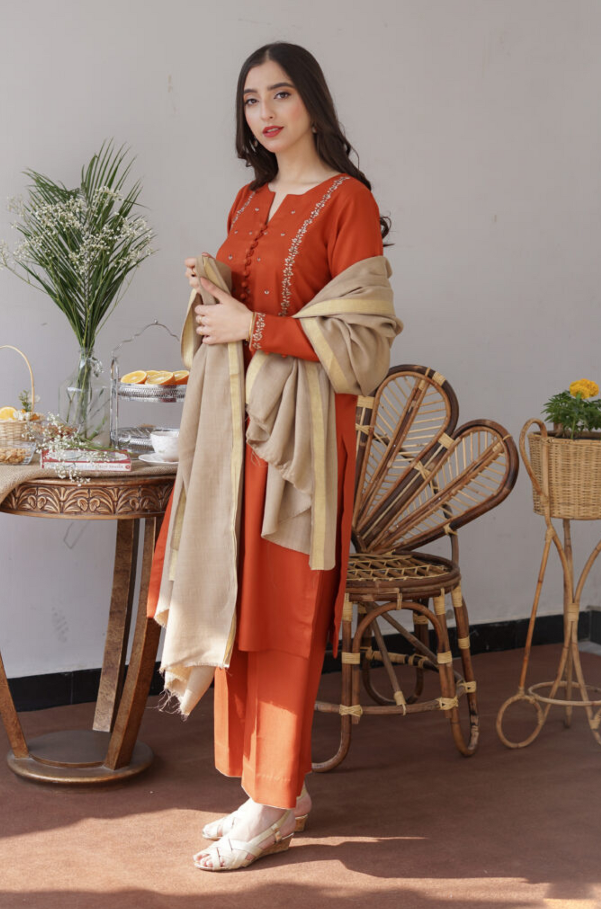 AISLING - 3PC DHANAK EMBROIDERED SHIRT WITH DHANAK PRINTED SHAWL AND TROUSER- HZG1326