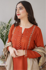 AISLING - 3PC DHANAK EMBROIDERED SHIRT WITH DHANAK PRINTED SHAWL AND TROUSER- HZG1326