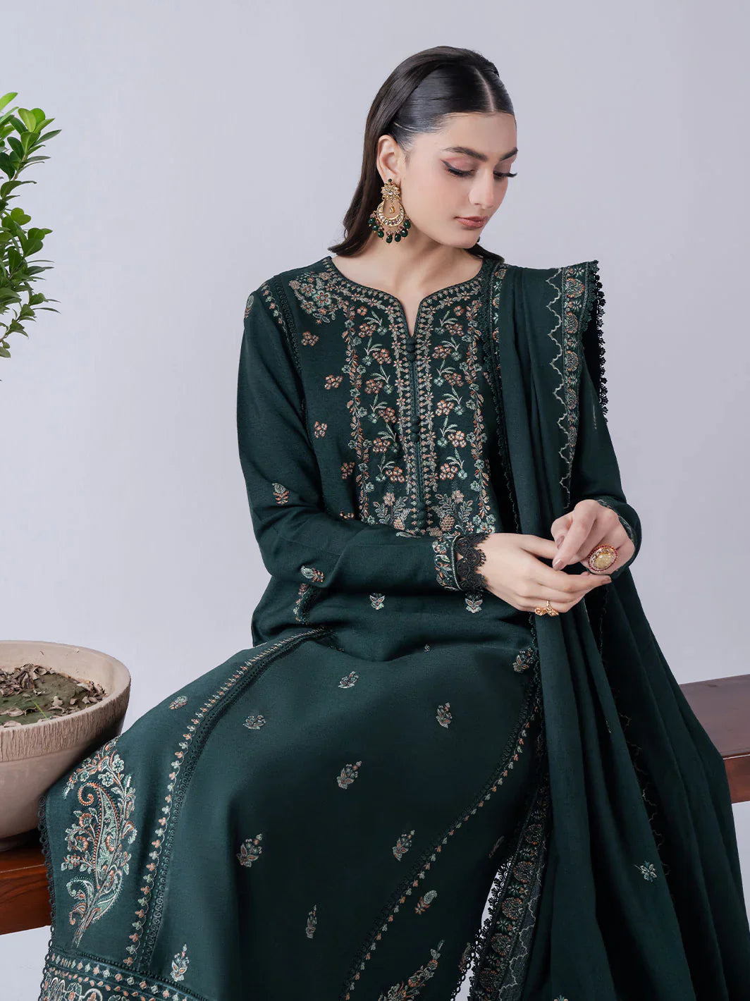 ASIM JOFA - 3PC DHANAK EMBROIDERED SHIRT WITH DHANAK EMBROIDERED SHAWL AND TROUSER - HZG2337