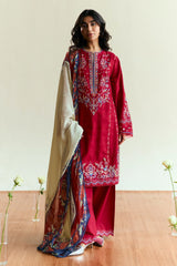 ZARA SHAH JAHAN - 3PC DHANAK EMBROIDERED SHIRT WITH TWILL PRINTED SHAWL AND TROUSER - HZG2339