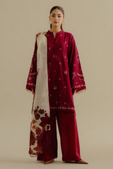ZARA SHAH JAHAN - 3PC DHANAK EMBROIDERED SHIRT WITH TWILL PRINTED SHAWL AND TROUSER - HZG2292