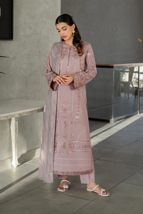IZNIK - 3PC DHANAK EMBROIDERED SHIRT WITH TWILL PRINTED SHAWL AND TROUSER - HZG2405