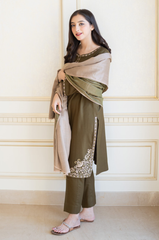 AISLING - 3PC DHANAK EMBROIDERED SHIRT WITH SLUB SHAWL AND TROUSER - HZG1362