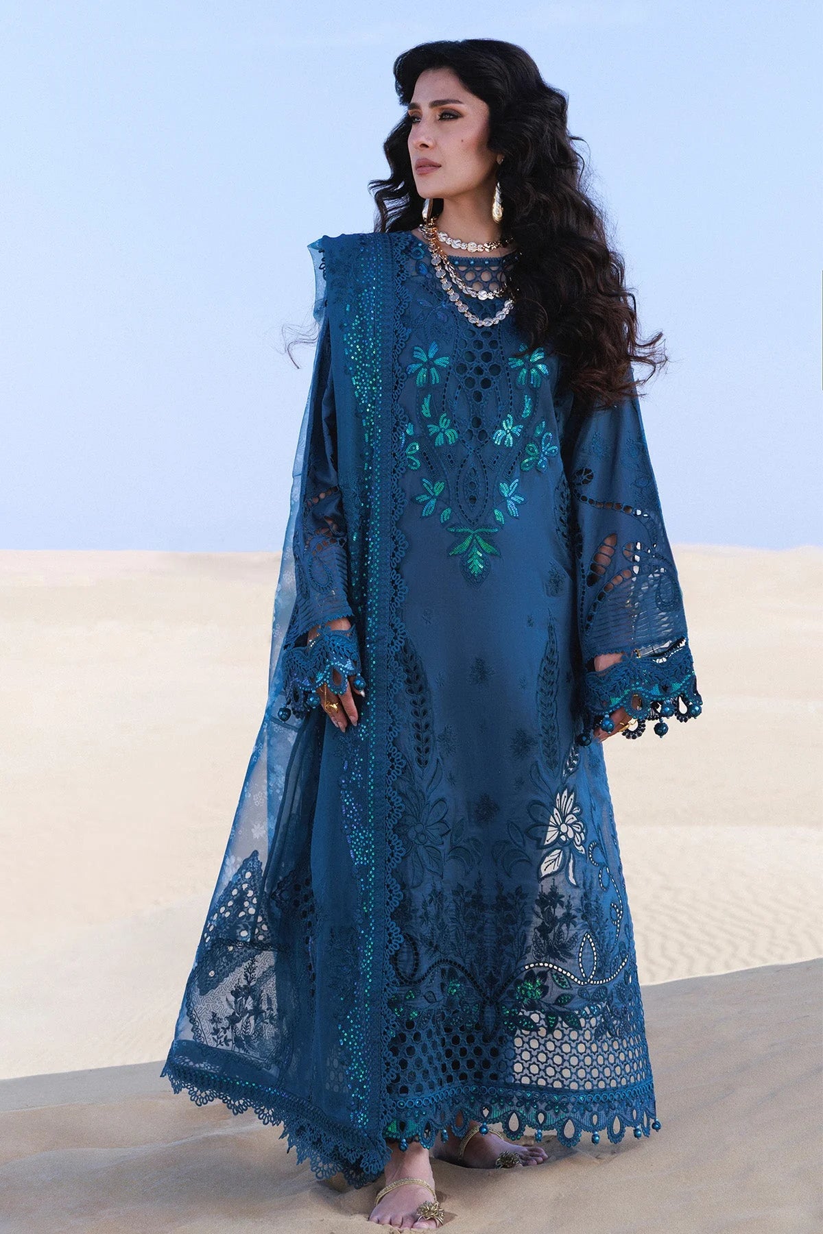 NUREH - 3PC LAWN EMBROIDERED SHIRT WITH CHIFFON PRINTED DUPATTA AND TROUSER - HZG2882