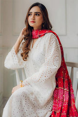 MARIA B - 3PC LAWN CHIKANKAARI EMBROIDERED SHIRT WITH CHUNRI PRINTED DUPATTA AND TROUSER - HZG1568