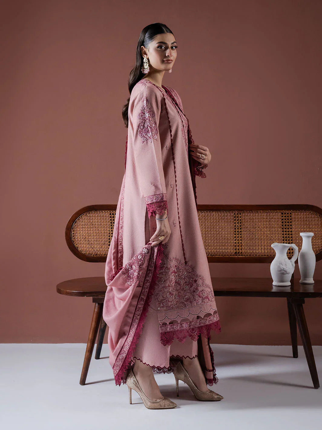 ASIM JOFA - 3PC DHANAK EMBROIDERED SHIRT WITH DHANAK EMBROIDERED SHAWL AND TROUSER - HZG2377
