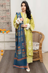 URGE - 3PC DHANAK EMBROIDERED SHIRT WITH TWILL PRINTED SHAWL AND EMBROIDERED TROUSER - HZG2357