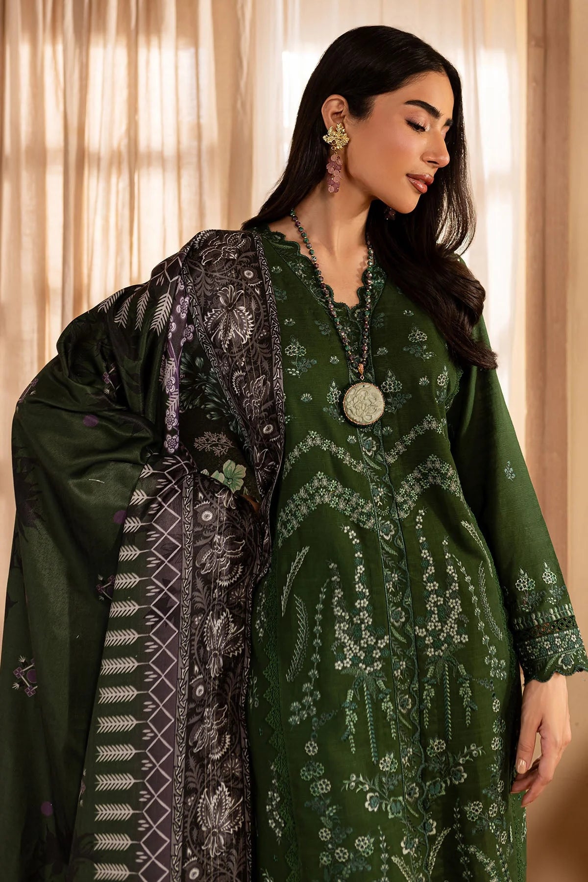 NUREH - 3PC DHANAK EMBROIDERED SHIRT WITH TWILL PRINTED SHAWL AND TROUSER - HZU2538