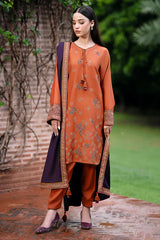 JAZMIN - 3PC DHANAK EMBROIDERED SHIRT WITH PRINTED TWILL SHAWL AND TROUSER - HZG1800