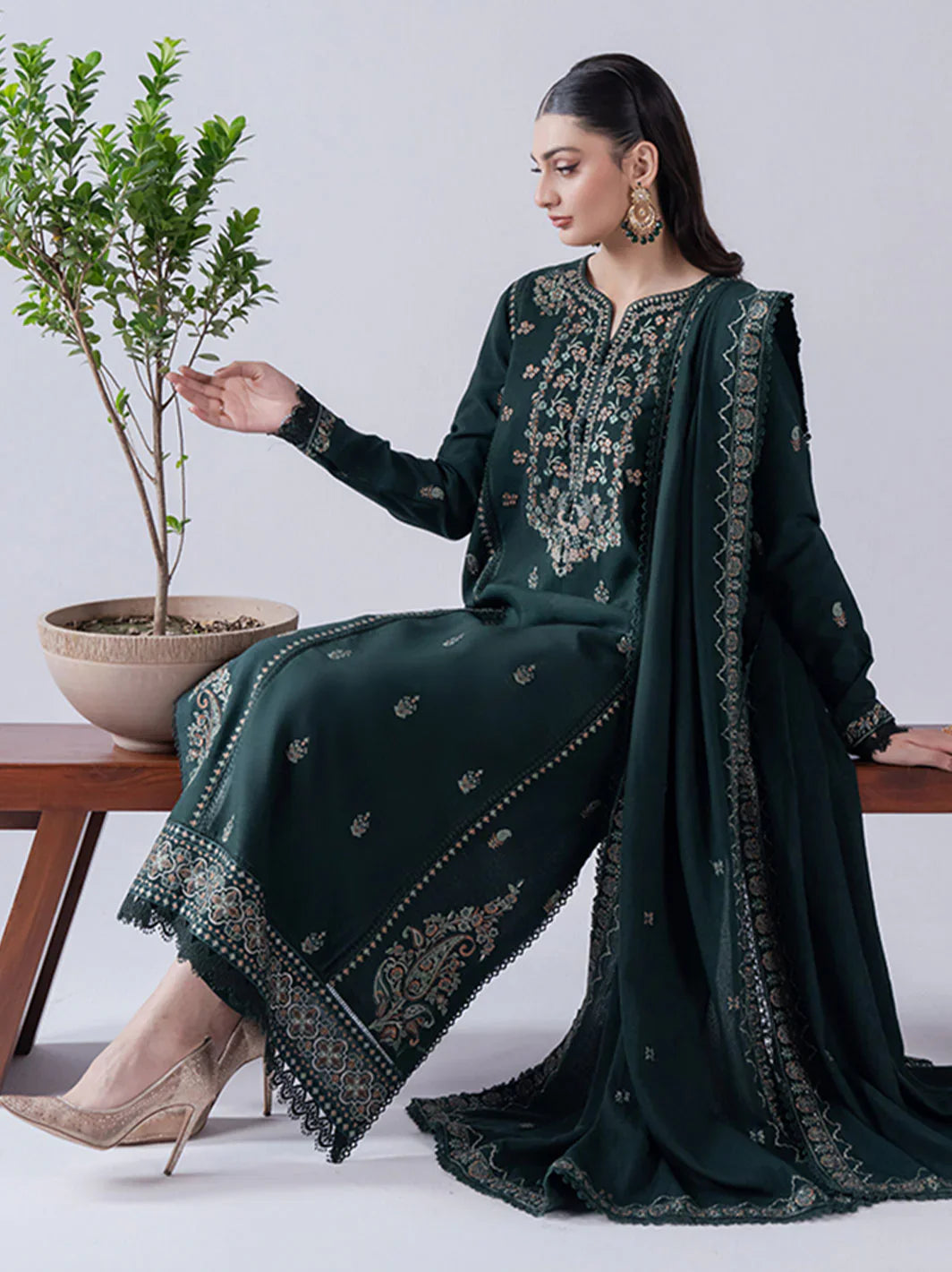 ASIM JOFA - 3PC DHANAK EMBROIDERED SHIRT WITH DHANAK EMBROIDERED SHAWL AND TROUSER - HZG2337