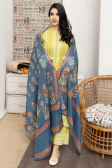 URGE - 3PC DHANAK EMBROIDERED SHIRT WITH TWILL PRINTED SHAWL AND EMBROIDERED TROUSER - HZG2357