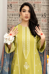 URGE - 3PC DHANAK EMBROIDERED SHIRT WITH TWILL PRINTED SHAWL AND EMBROIDERED TROUSER - HZG2357