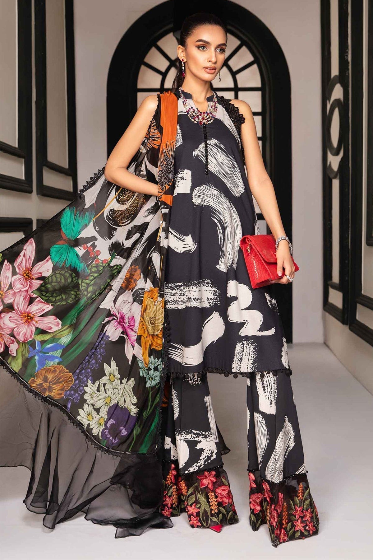 MARIA B - 3PC LAWN PRINTED SHIRT WITH DIAMOND PRINTED DUPATTA AND PRINTED TROUSER - HZG1698