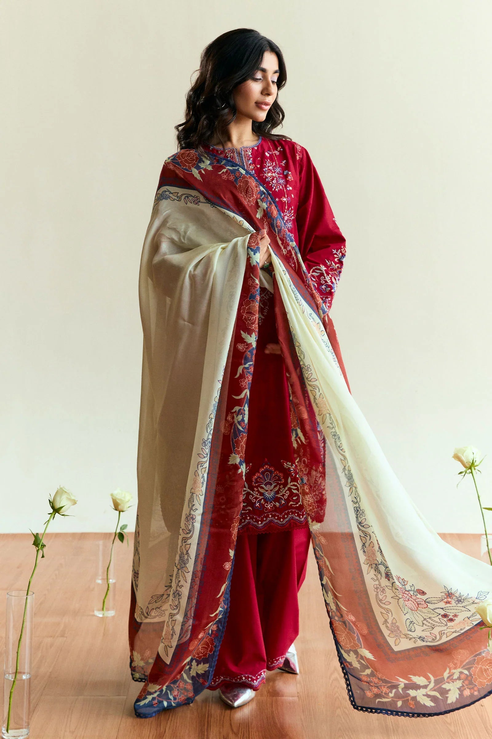 ZARA SHAH JAHAN - 3PC DHANAK EMBROIDERED SHIRT WITH TWILL PRINTED SHAWL AND TROUSER - HZG2339