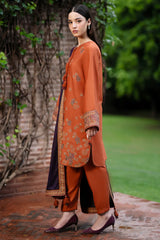JAZMIN - 3PC DHANAK EMBROIDERED SHIRT WITH PRINTED TWILL SHAWL AND TROUSER - HZG1800