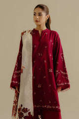 ZARA SHAH JAHAN - 3PC DHANAK EMBROIDERED SHIRT WITH TWILL PRINTED SHAWL AND TROUSER - HZG2292