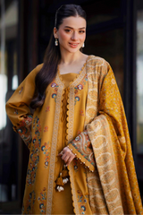 NISHAT - 3PC KHADDAR EMBROIDERED SHIRT WITH TWILL PRINTED SHAWL AND TROUSER - HZU2597