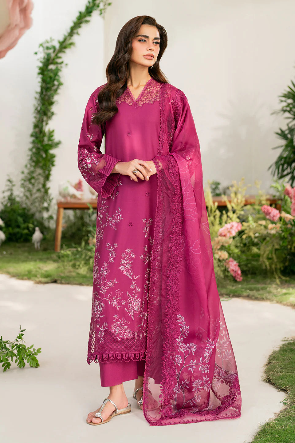 IZNIK - 3PC DHANAK EMBROIDERED SHIRT WITH TWILL PRINTED SHAWL & TROUSER - HZG2561