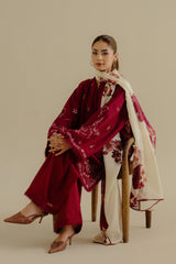 ZARA SHAH JAHAN - 3PC DHANAK EMBROIDERED SHIRT WITH TWILL PRINTED SHAWL AND TROUSER - HZG2292