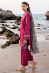 JAZMIN - 3PC DHANAK EMBROIDERED SHIRT WITH TWILL PRINTED SHAWL AND TROUSER - HZG2354