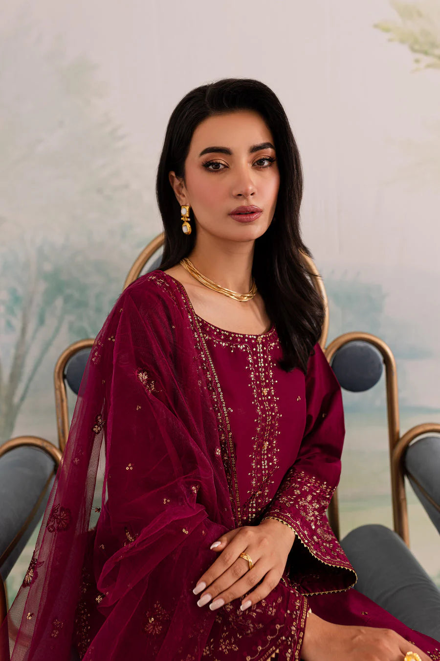 JAZMIN - 3PC DHANAK EMBROIDERED SHIRT WITH CHIFFON EMBROIDERED DUPATTA AND TROUSER - HZG2415